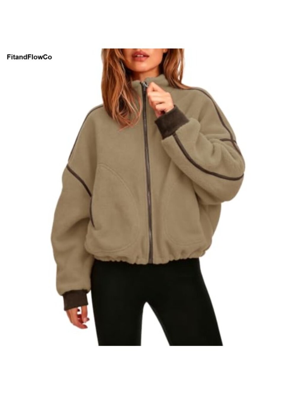 Fleece Jacket Cropped Full Zip Sherpa Stand Collar Pockets Warm Outdoor